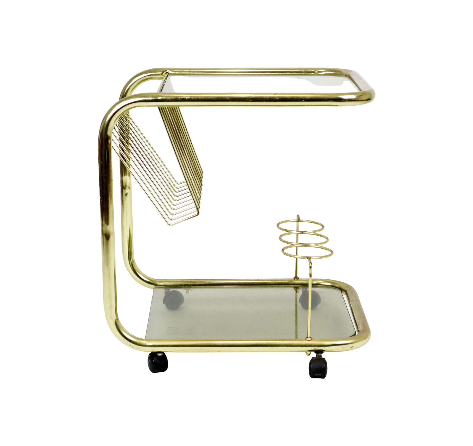 Vintage smoked glass trolley bar magazine rack side table milo baughman style italy 53cm
