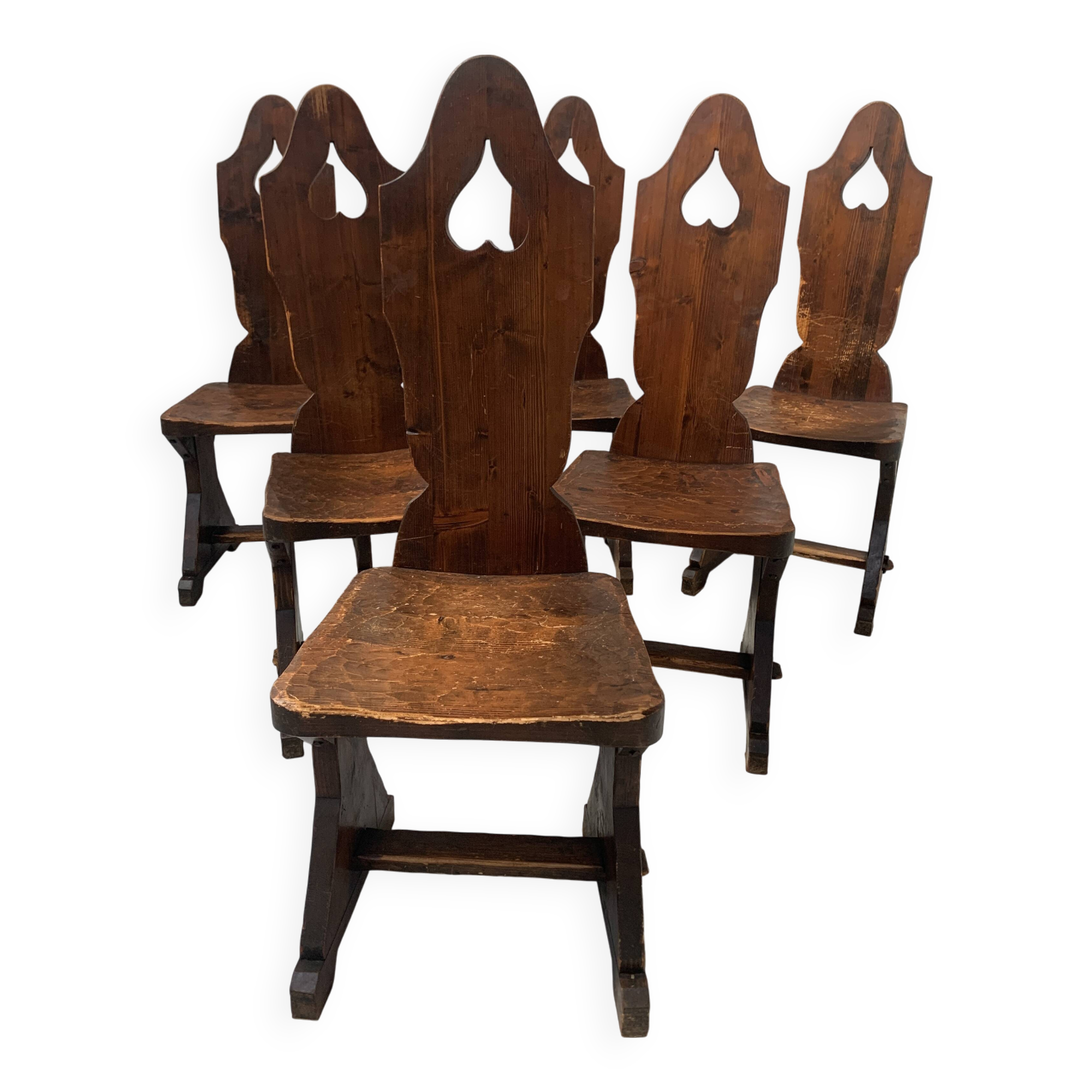 Set of six natural wood chairs "Brutalist art" 20th century