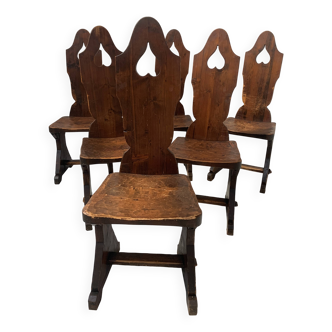 6 chaises en bois naturel "art Brutaliste", XXème siècle