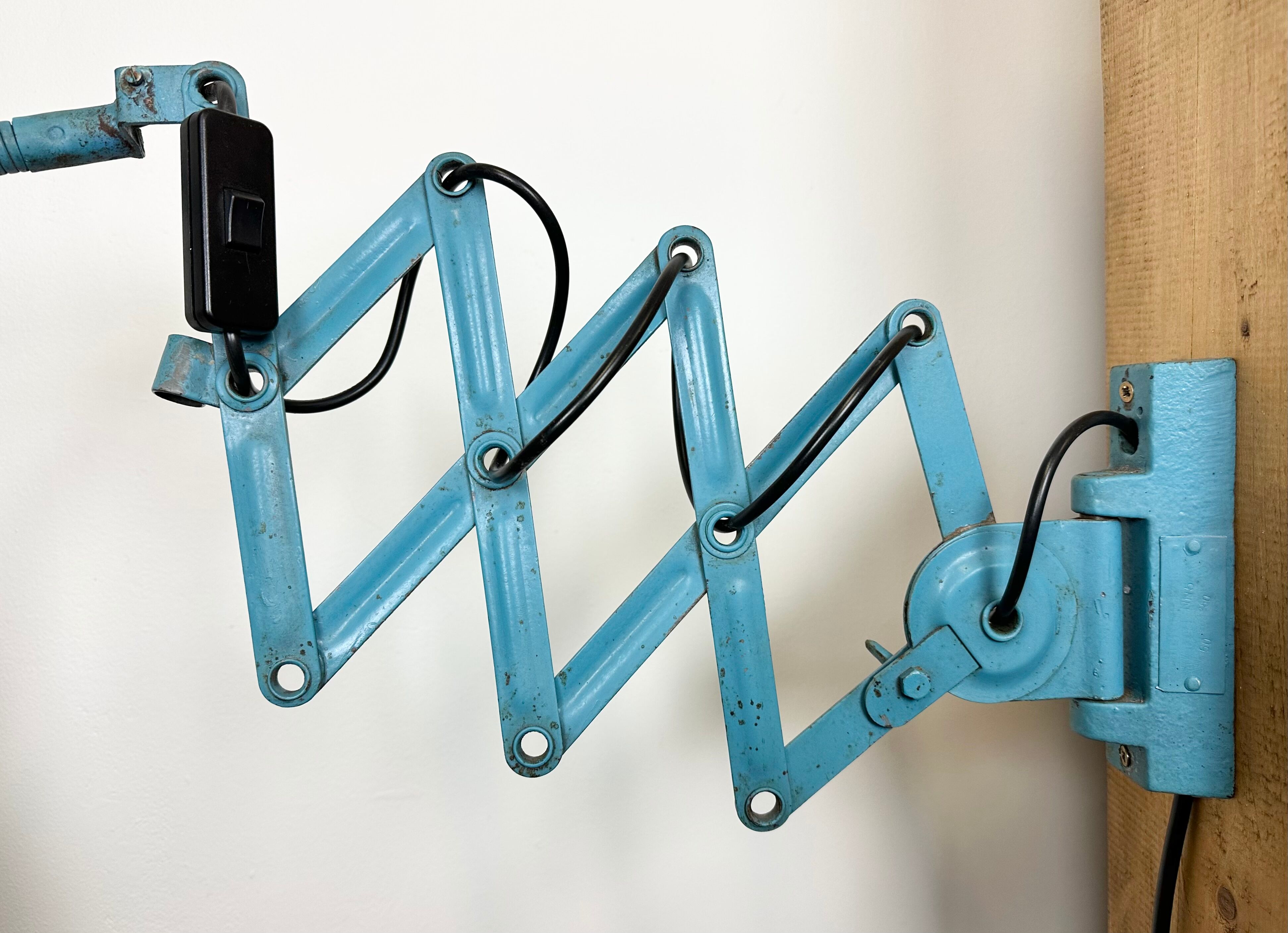 Blue Industrial Scissor Wall Lamp from Elektroinstala, 1960s