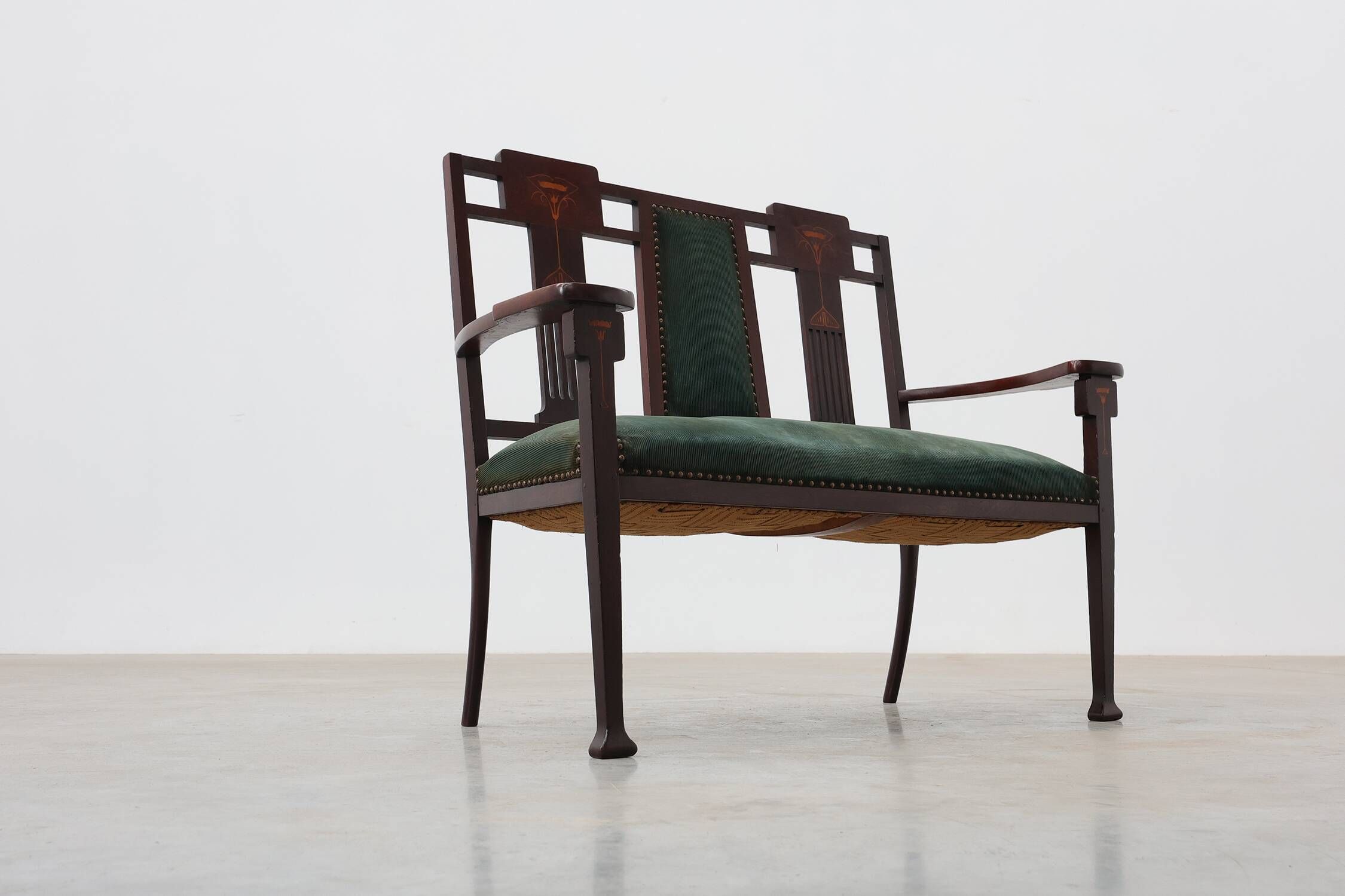 Art Nouveau Walnut Settee with Floral Marquetry, Belgium, ca. 1900