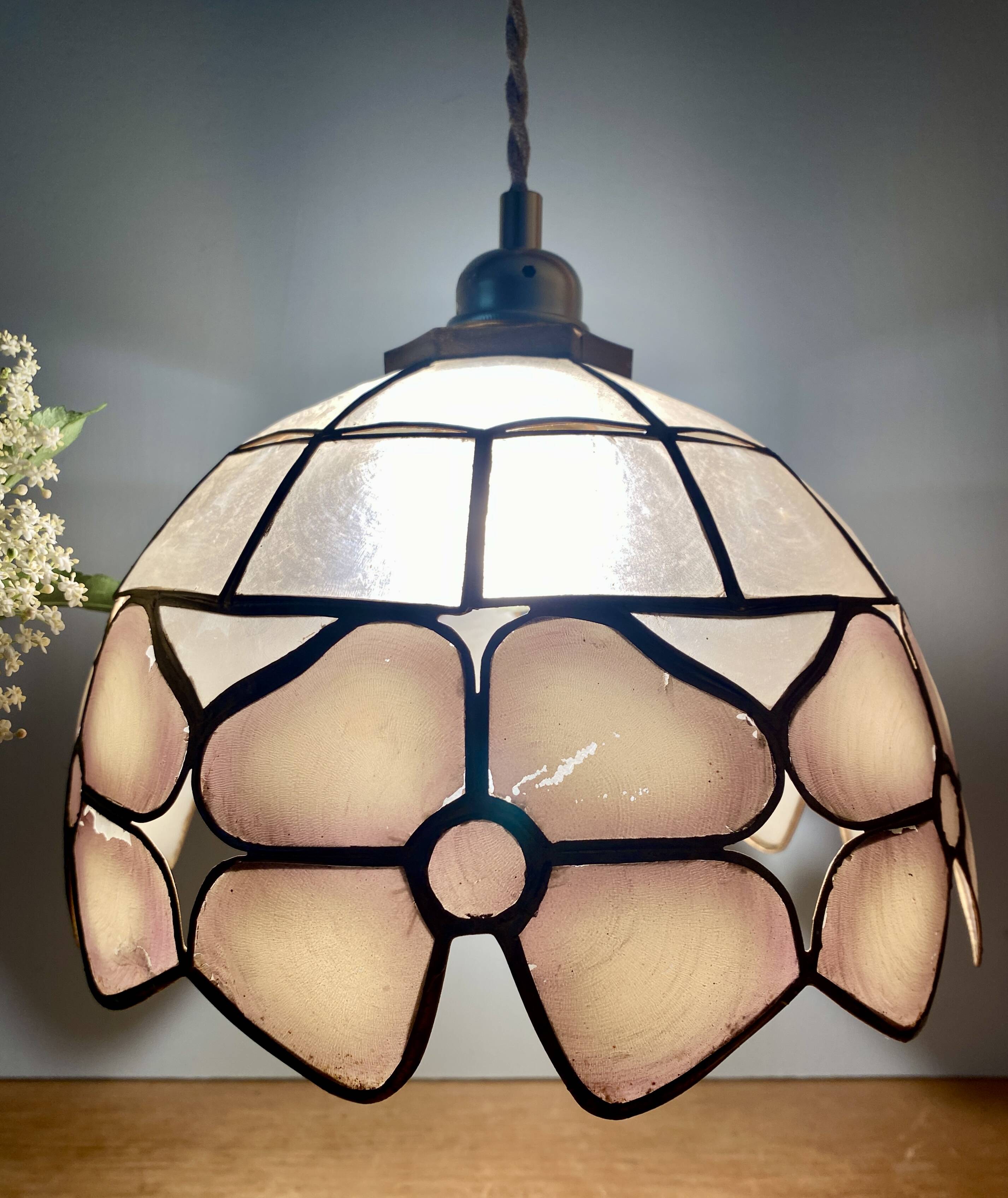 Vintage mother-of-pearl and brass lampshade pendant light