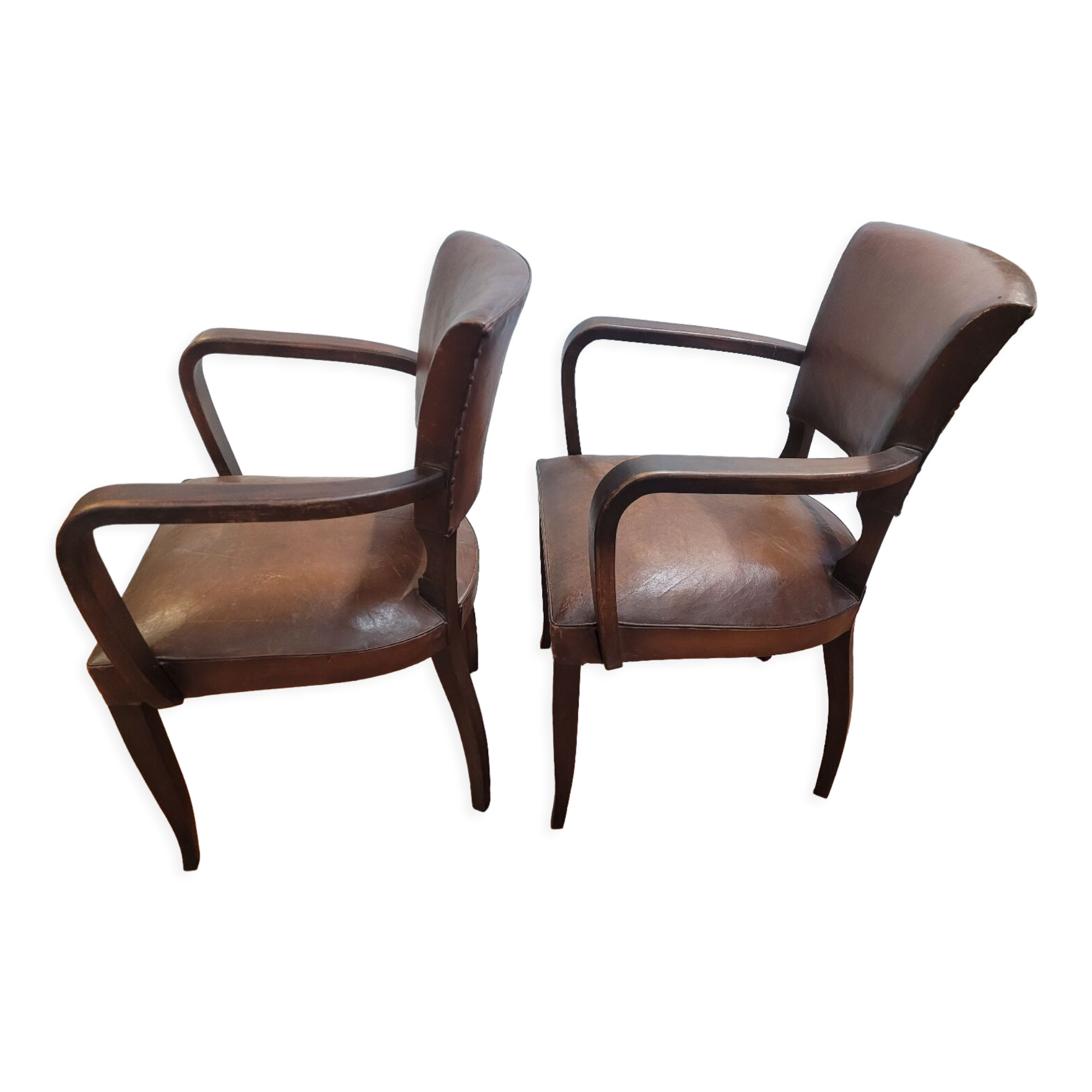 Pair of antique leather bridge armchairs