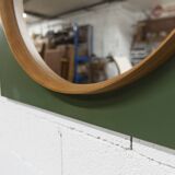 Unusual round wall mirror 60 cm teak edge on green rectangular board 1960.