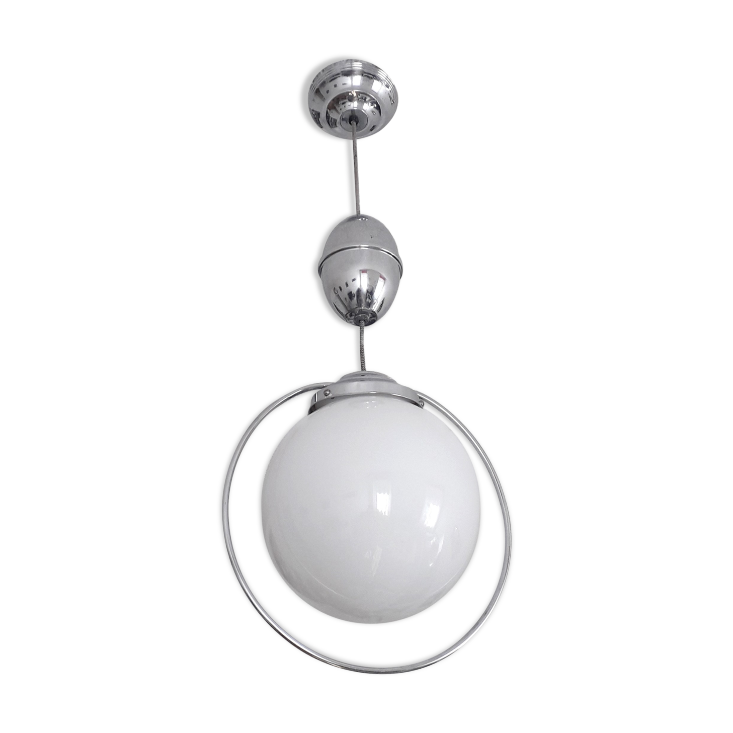 Suspension ''bistrot'' Monte et Baisse - Globe opaline blanche - 1940