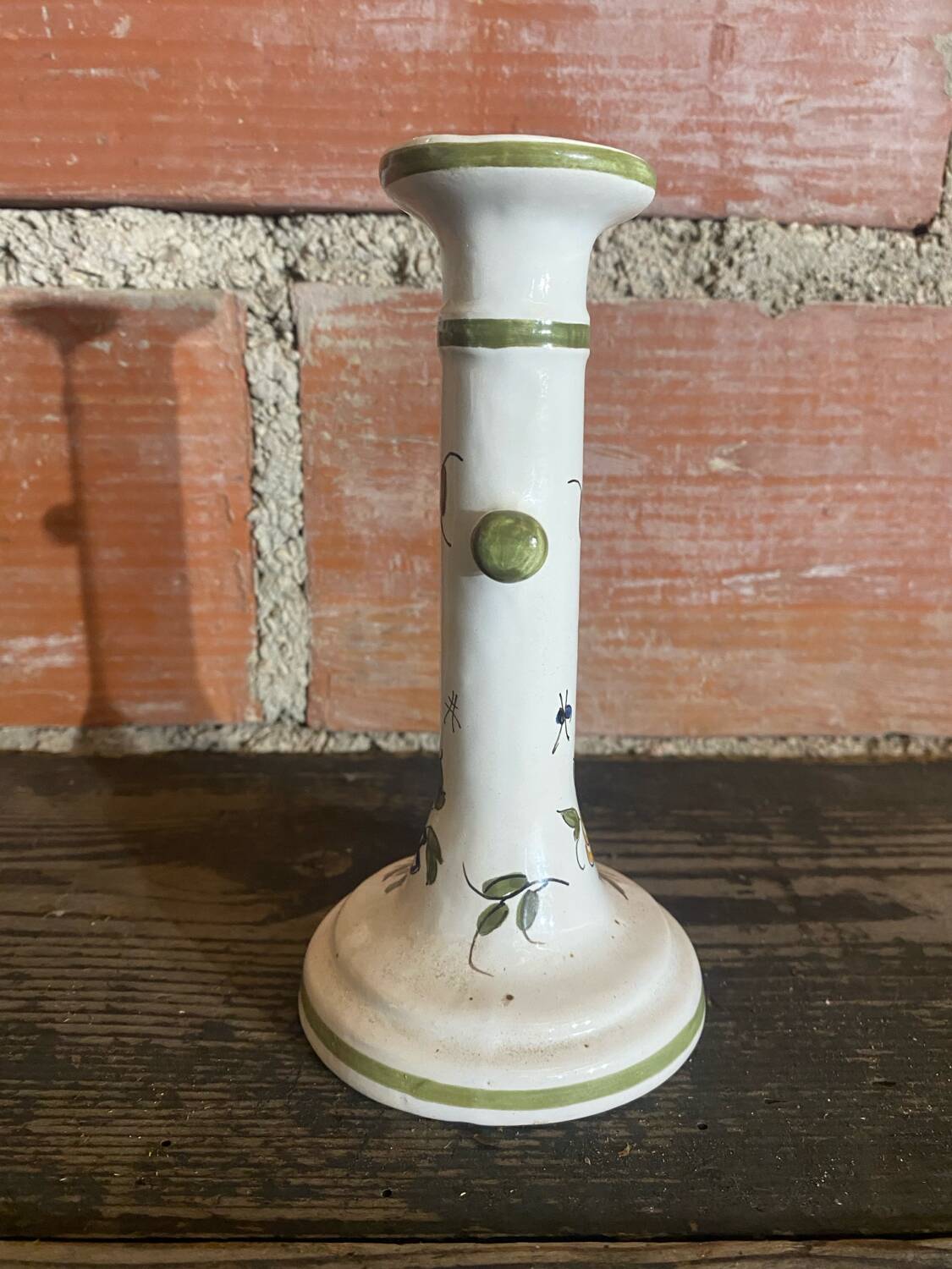 Antique Moustiers Candlestick, White Ceramic, Vintage Painted Decor #C875