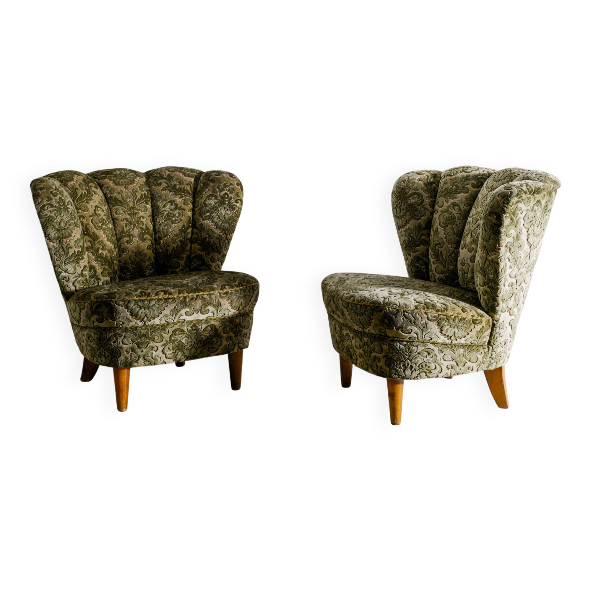 Vintage Swedish Modern Green Floweral Armchairs, 1940s