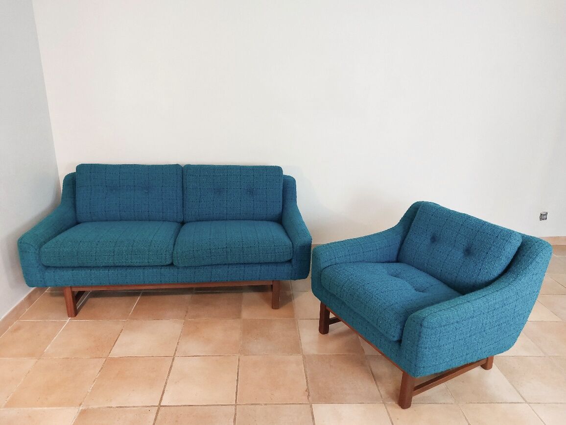 Norwegian living room set in blue fabric, vintage scandinavian 1960s