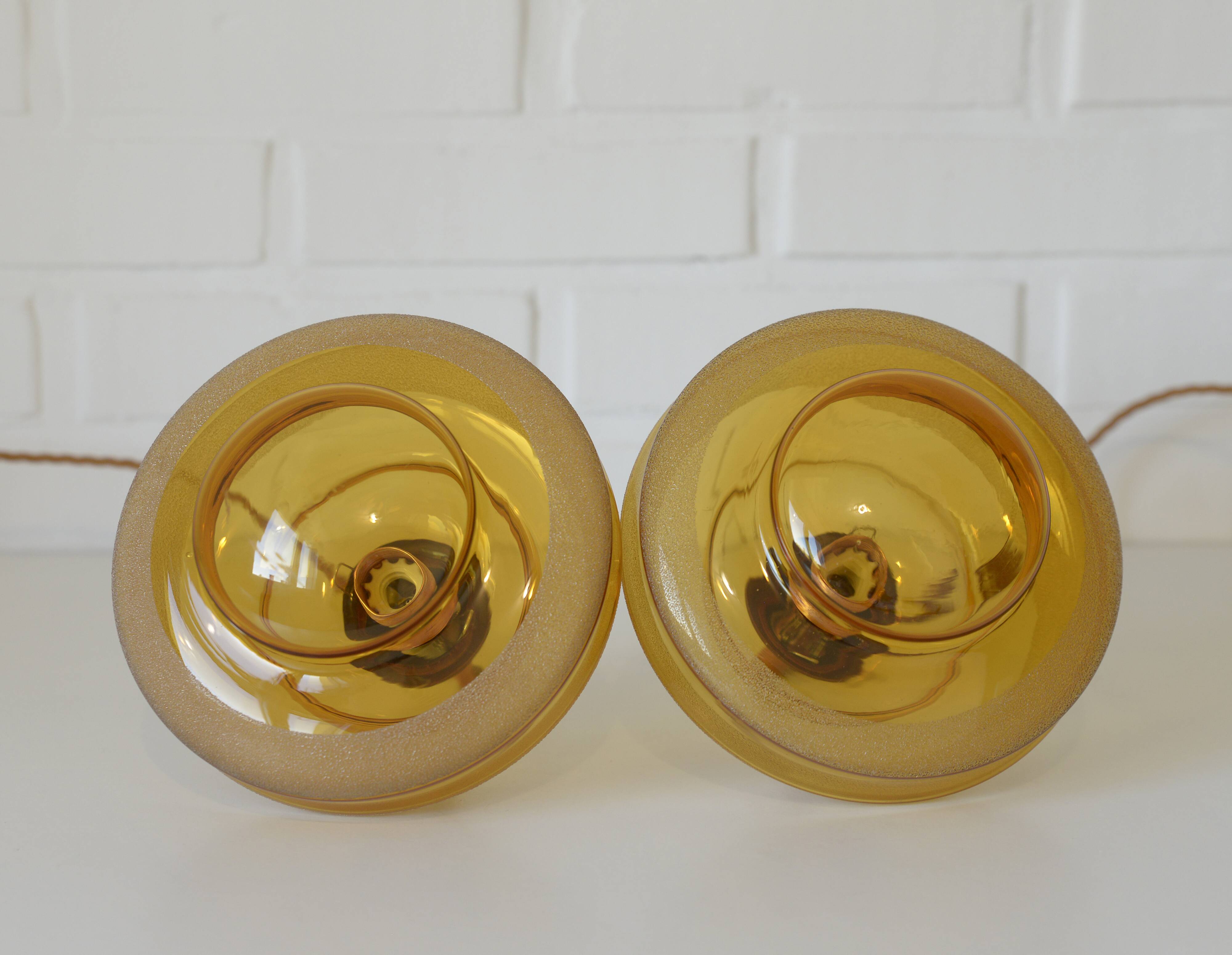 1 of 2 hand blown amber glass pendant lamp / redesign vintage hanging light