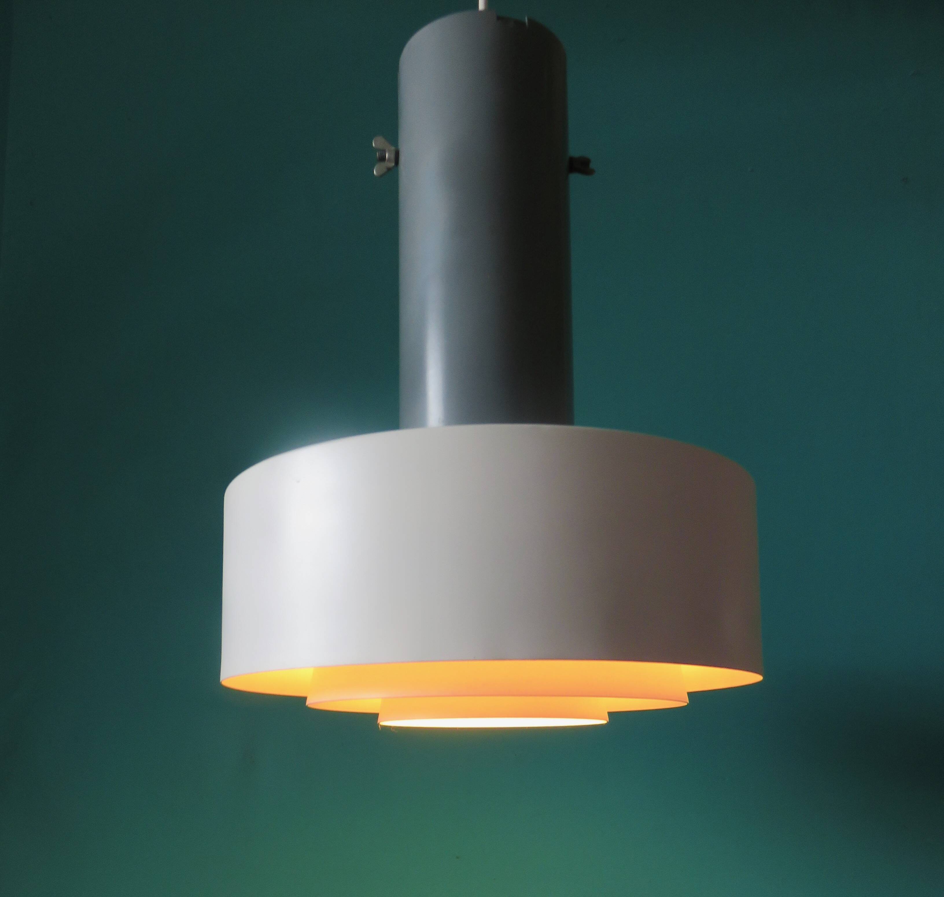 Large industrial pendant light in anthracite and white lacquered metal. Denmark, 1960