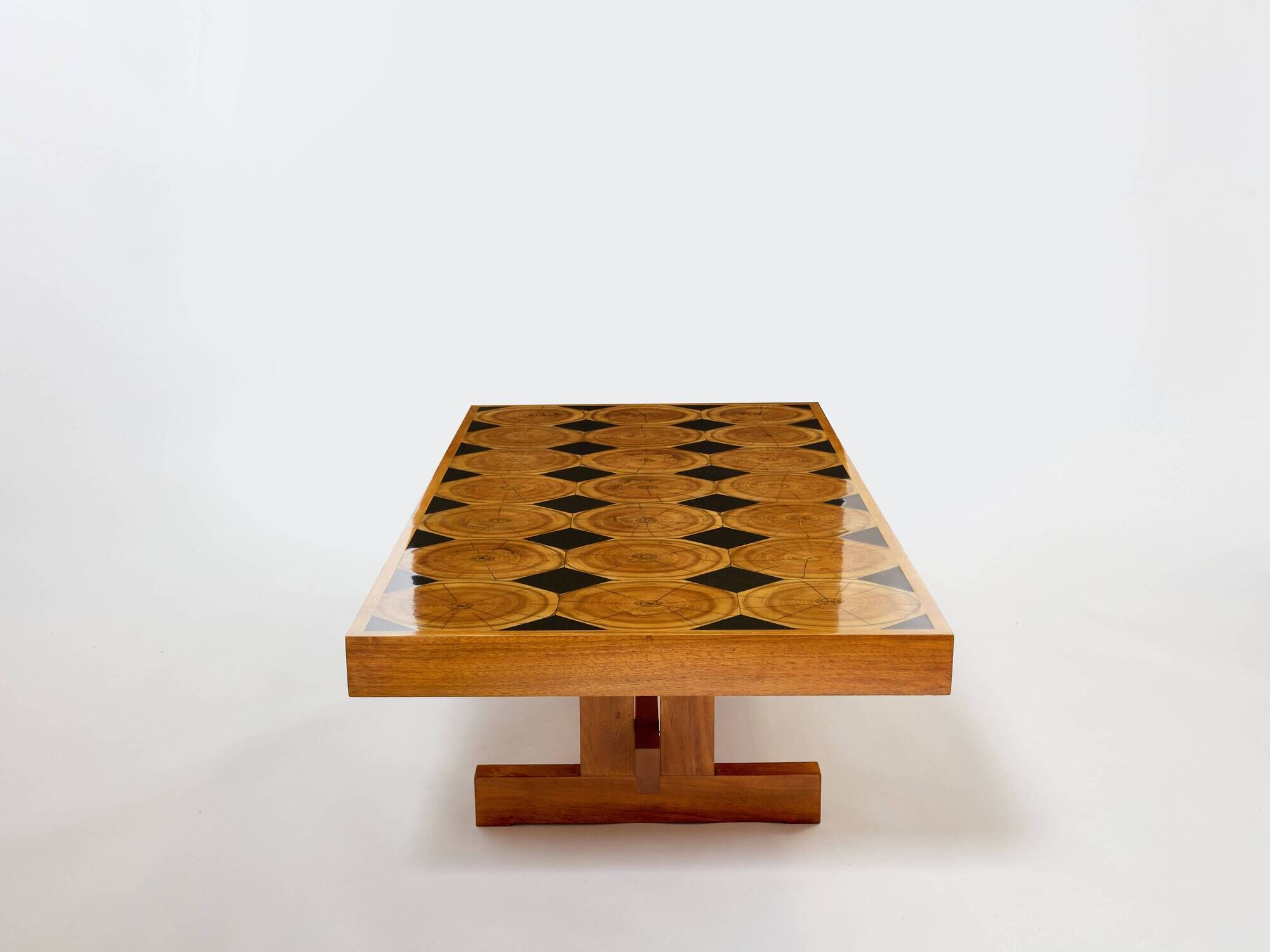 Large modernist coffee table in oak petrified wood slate 1960Large modernist coffee table in oak