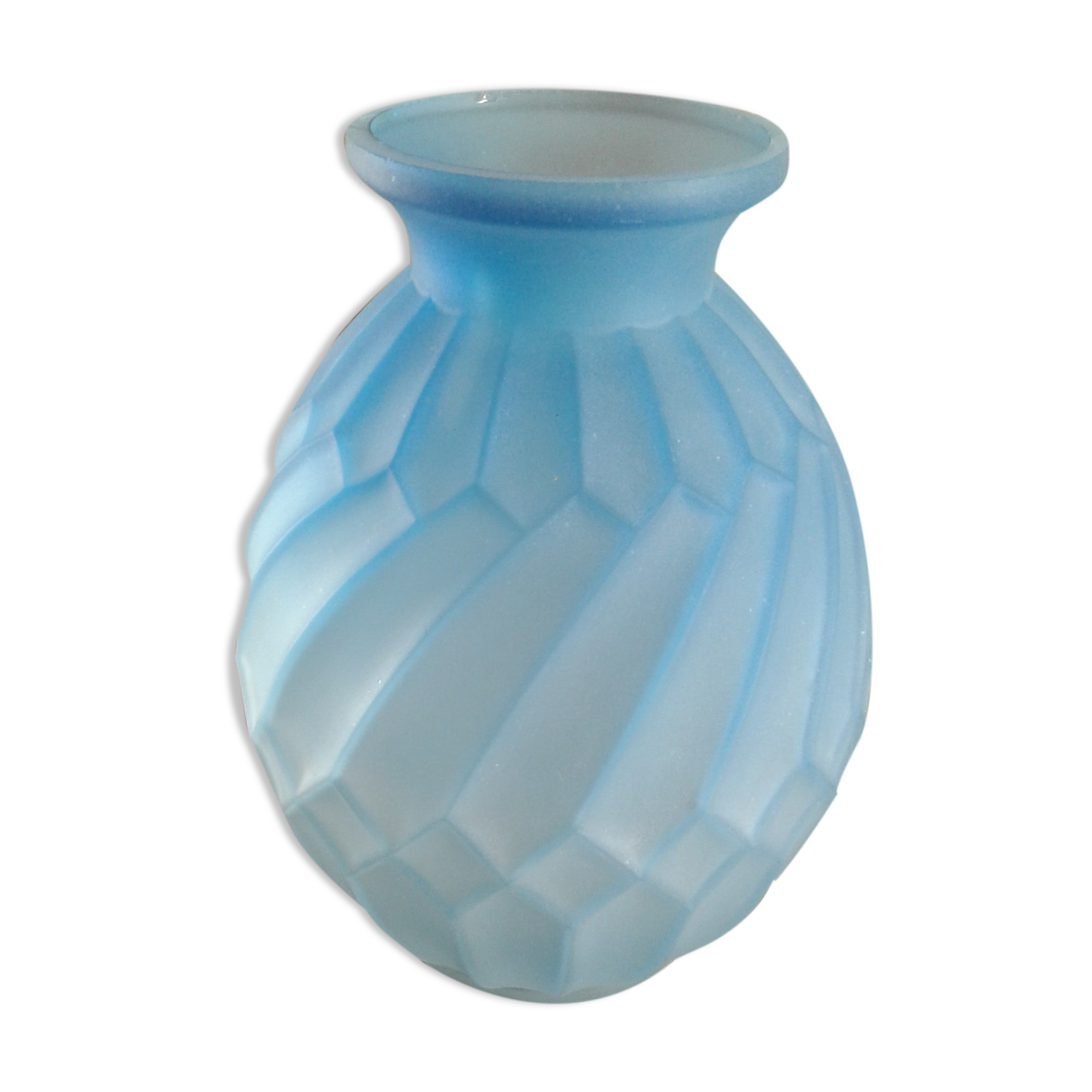 Molded pressed glass blue vase Art Deco, France