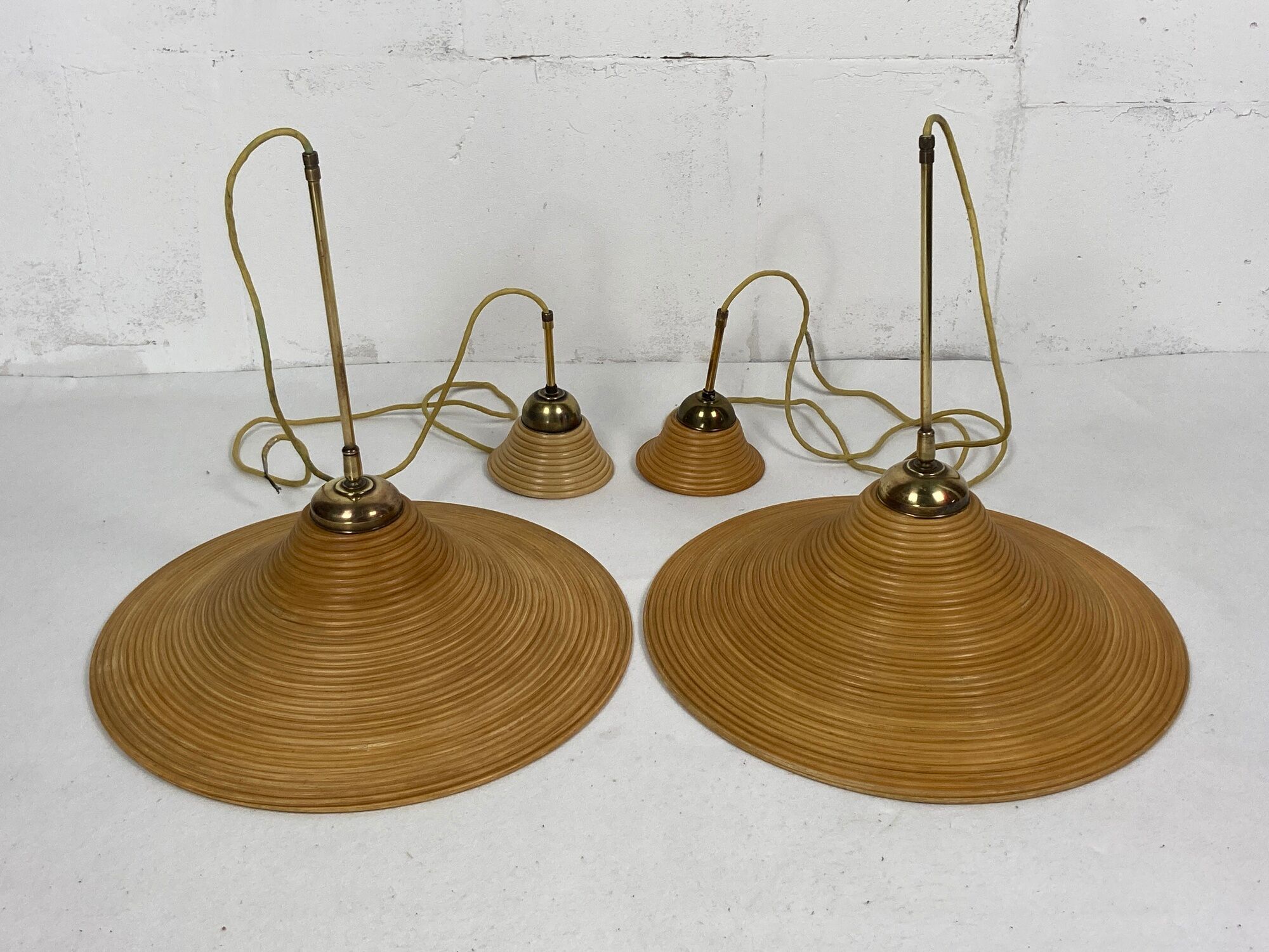 Pair pencil reed rattan bamboo and brass pendants, Italy 1970s