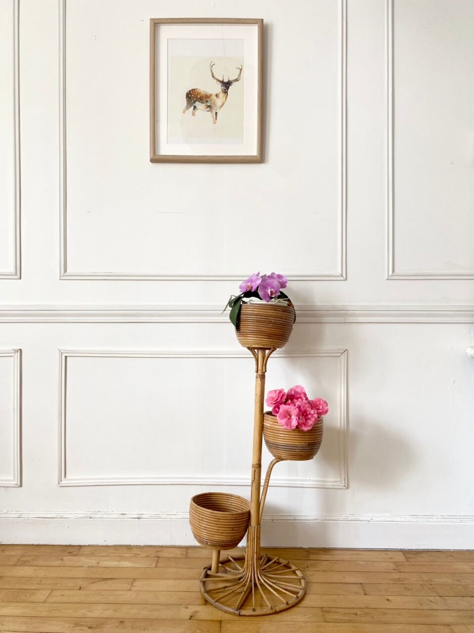 Porte plante en rotin vintage