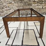Table basse bois verre fumé vintage 1970"