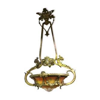 Art Nouveau chandelier in bronze and glass