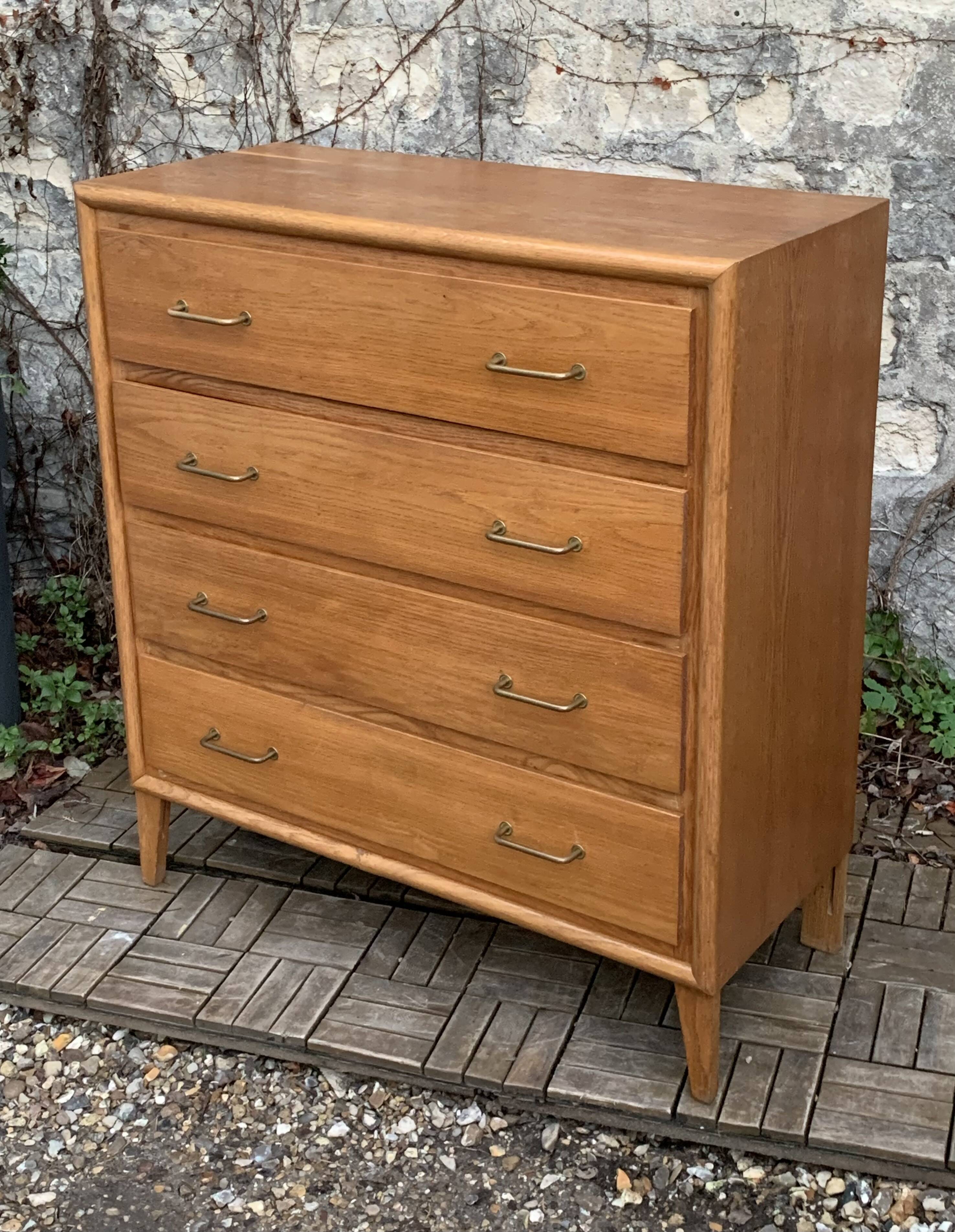 Vintage chest of drawers with compass feet, oak, original patina, 1950s