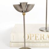 Pair of postmodern 1980s candlesticks, stainless steel and brass