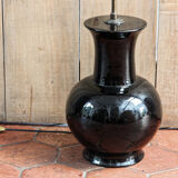 Pied de lampe ancien, faïence et laiton