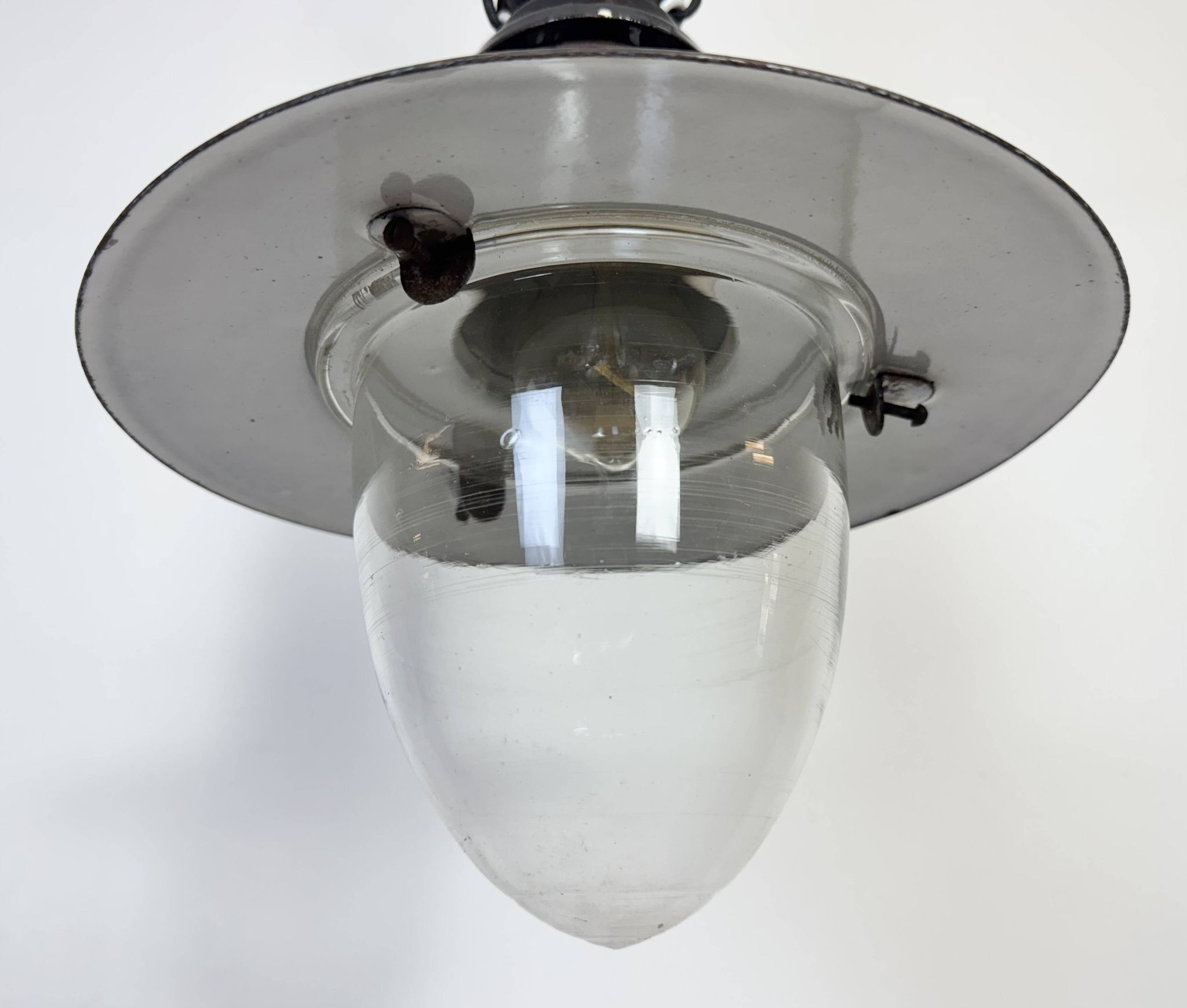Industrial German Black Enamel Pendant Lamp with Glass Cover, 1930s