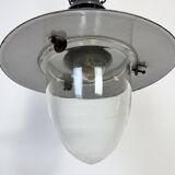 Industrial German Black Enamel Pendant Lamp with Glass Cover, 1930s