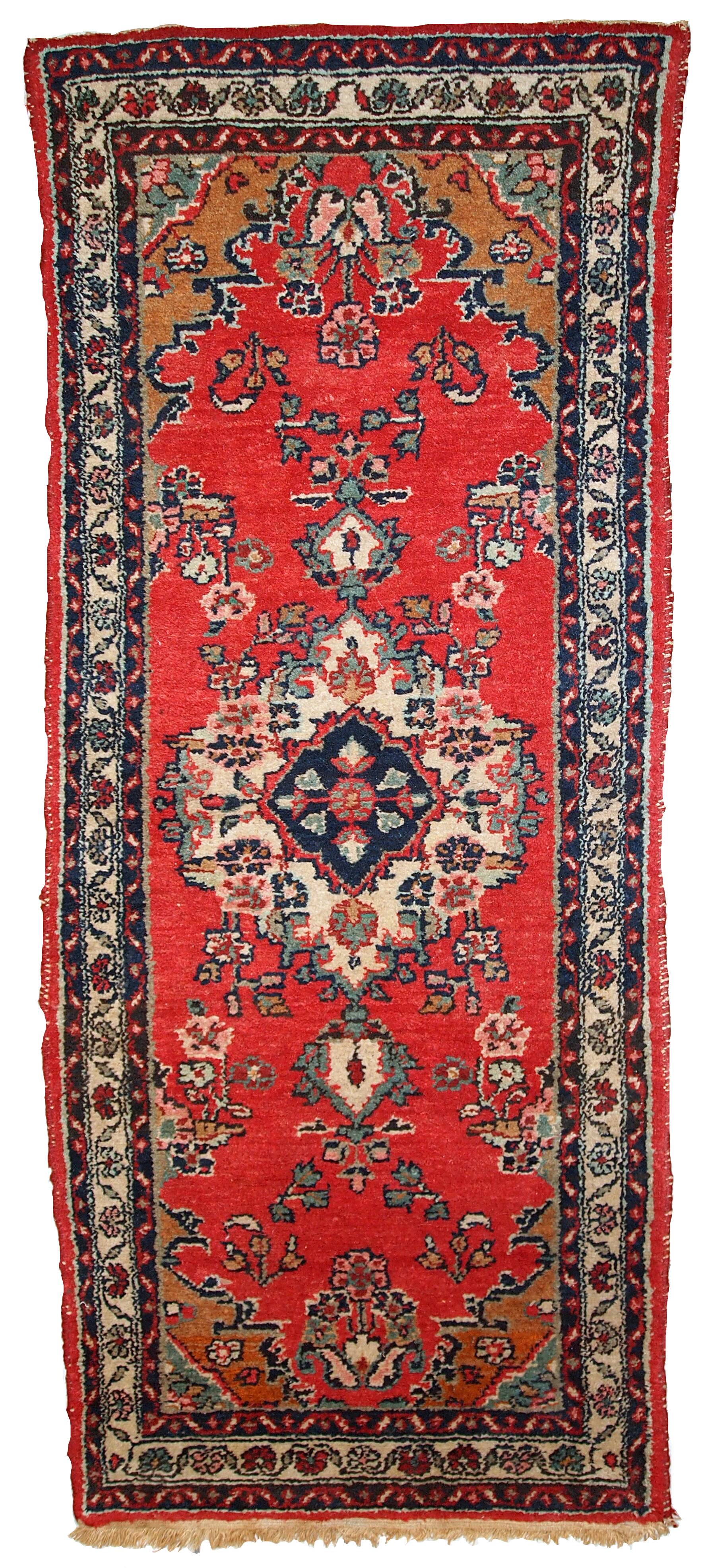 Tapis vintage fait main Hamadan persan 81cm x 194cm (1960s)