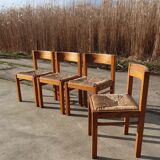 Set vintage pine dining table with 4 rush seat chairs Dutch design