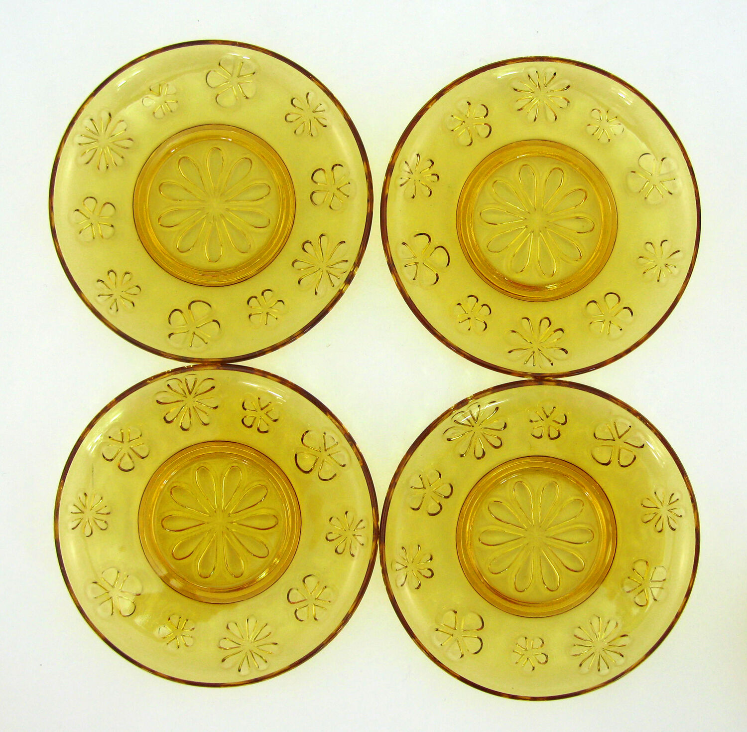 4 large amber yellow glass cups, floral décor, Daisy Vereco France, vintage 70s