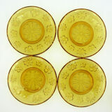 4 large amber yellow glass cups, floral décor, Daisy Vereco France, vintage 70s