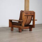 Midcentury Modern Brutalist Lounge Chair In Oak And Leather, Italy 1970s