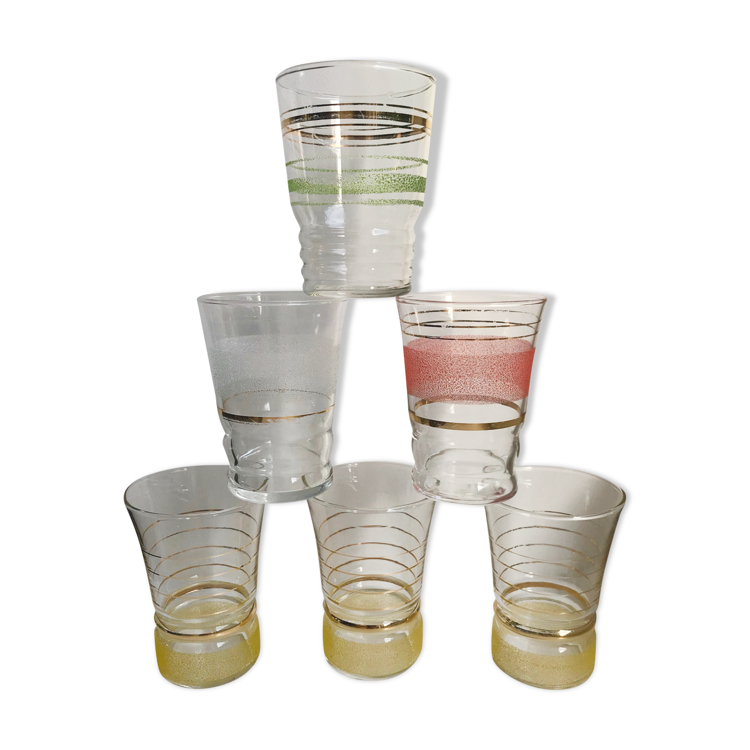ensemble de 6 verres à eau granité colorés années 1960