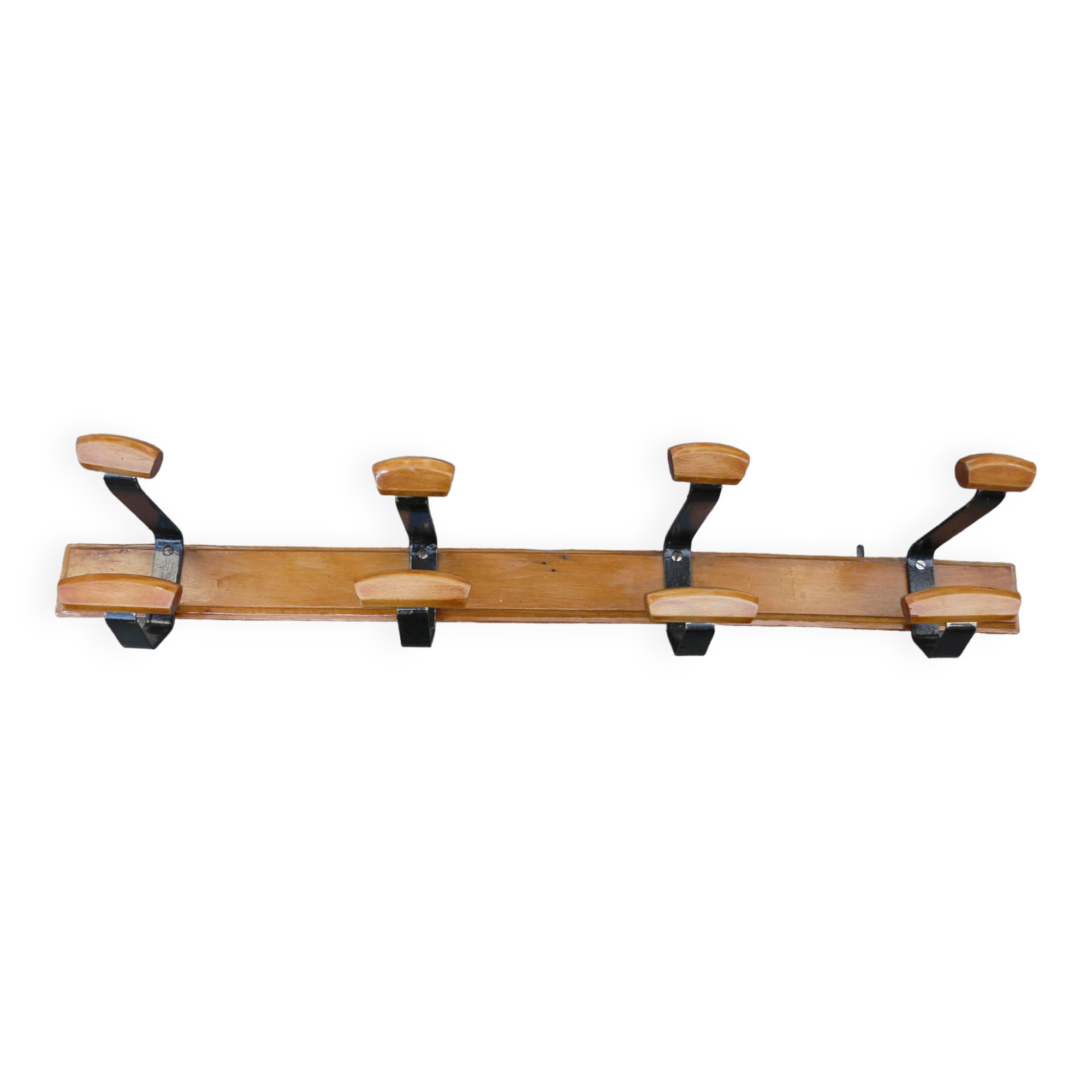 Scandinavian wall coat rack in wood and metal 8 hooks 60s 70s