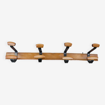 Scandinavian wall coat rack in wood and metal 8 hooks 60s 70s