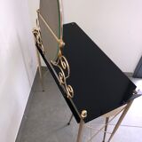 Coiffeuse laiton , verre et plastique noirs avec son tabouret moumoute
