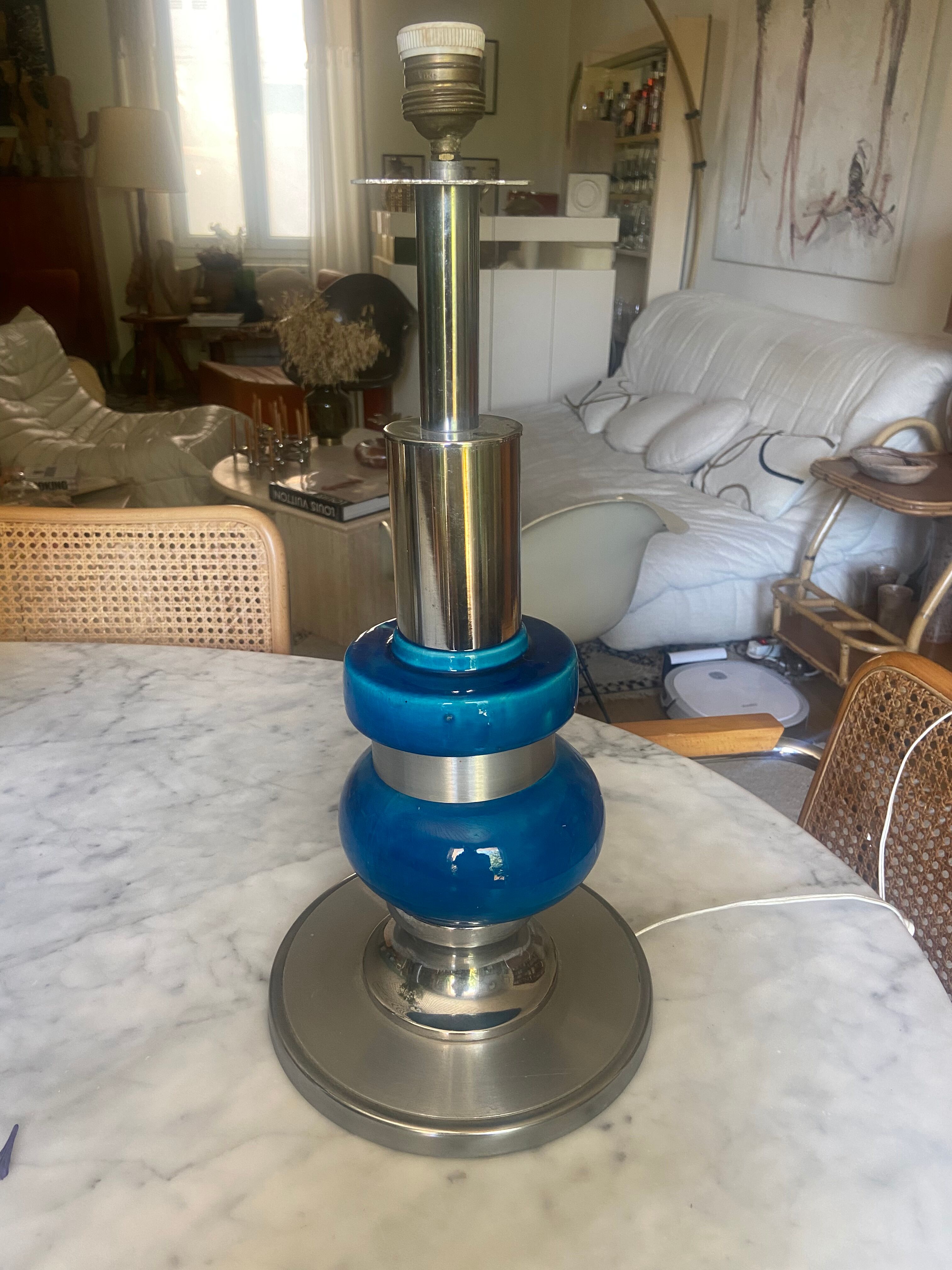 Lamp foot in ceramic and chrome 70s