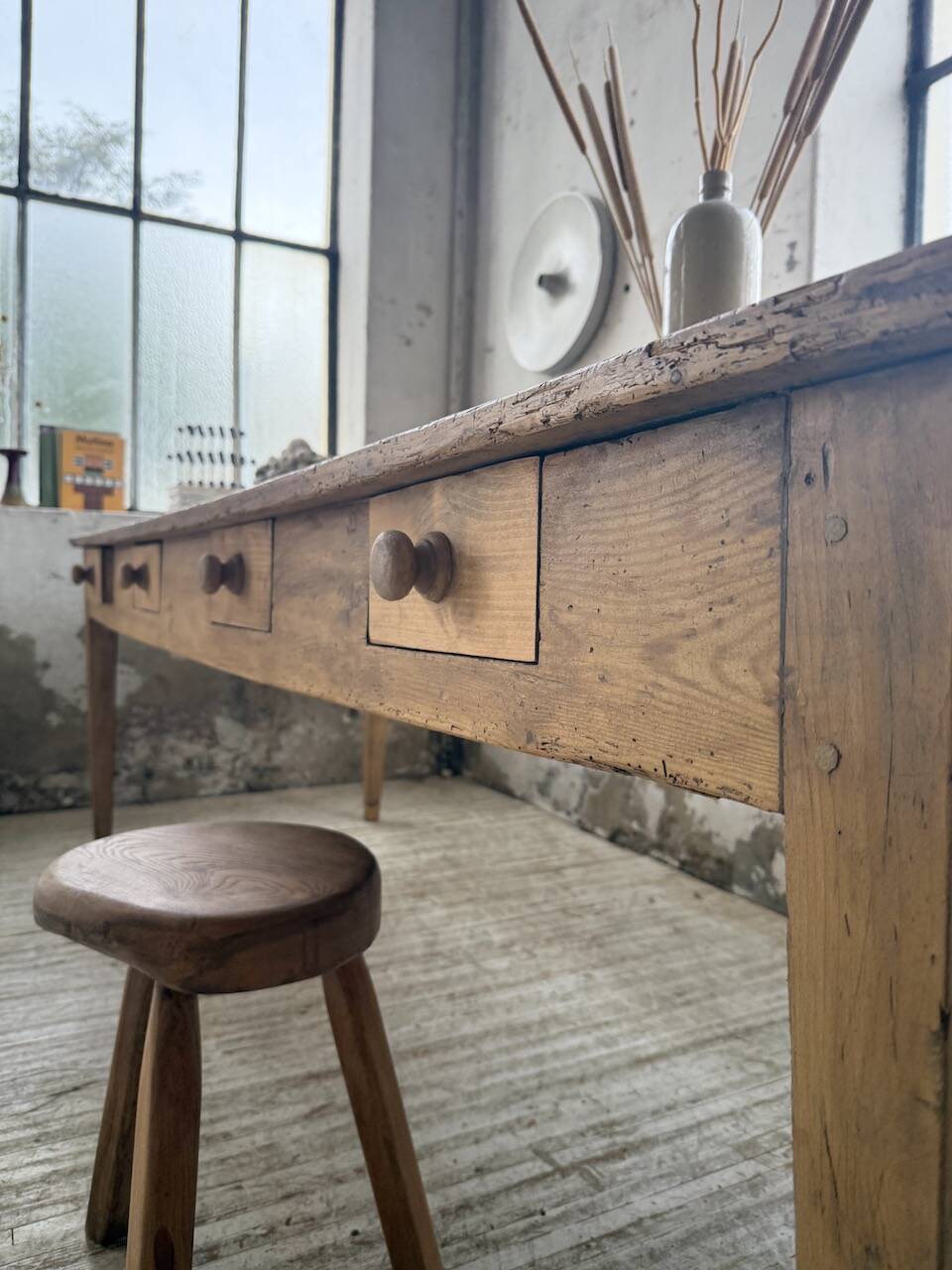 Pine and oak farmhouse table with multiple drawers, communal type, 240cm.