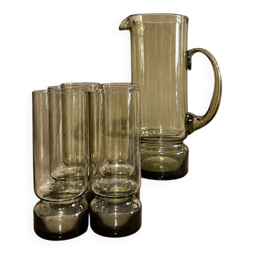Service vintage en verre teinté vert olive, Tchécoslovaquie, circa 1970