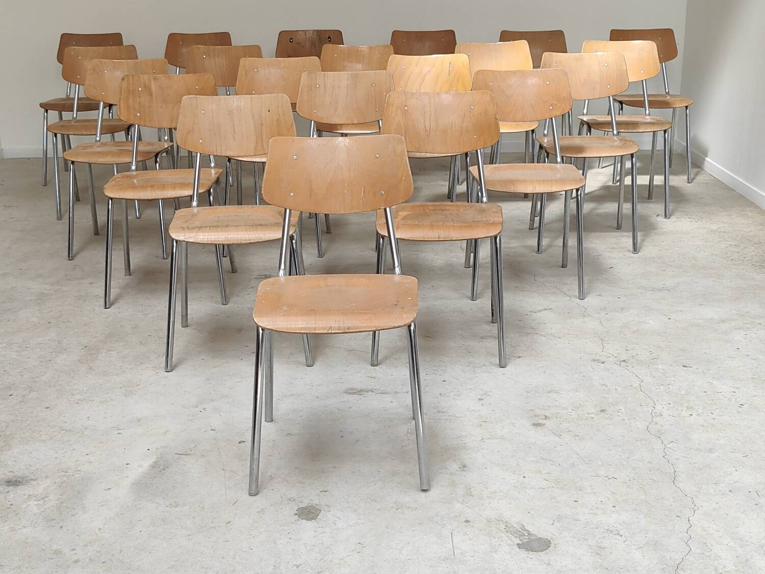 Set of 22 Kovona chrome and wood restaurant chairs