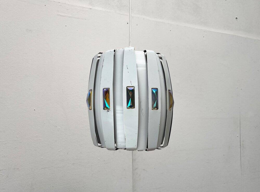 Metal pendant lamp and prism model in white mid-century by Werner Schou for Coronell Elektro, Denmark, 1960s.