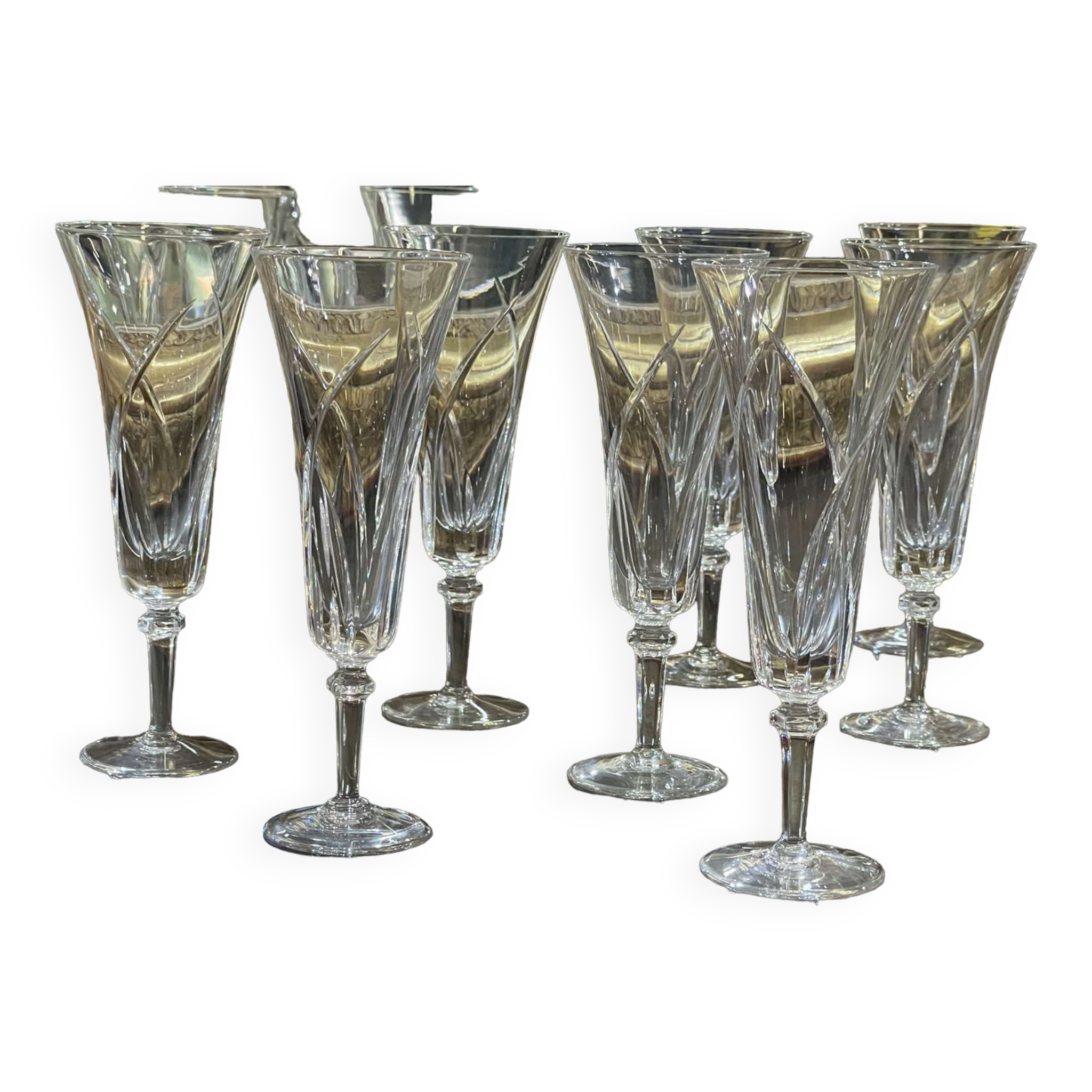 Set of 10 crystal champagne flutes from Sèvres, Niagara model from the 1950s.