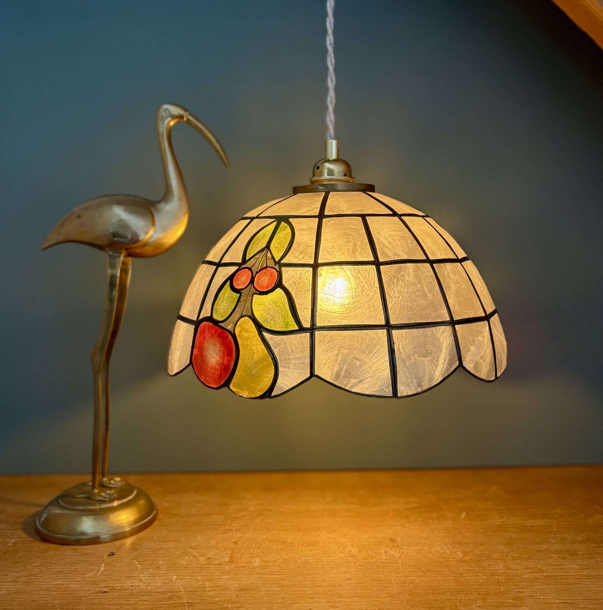 Vintage mother-of-pearl and brass pendant lampshade with fruit decorations
