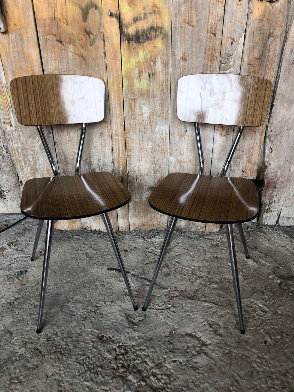 Pair of tublac chairs compass legs chrome metal formica wood vintage #a241