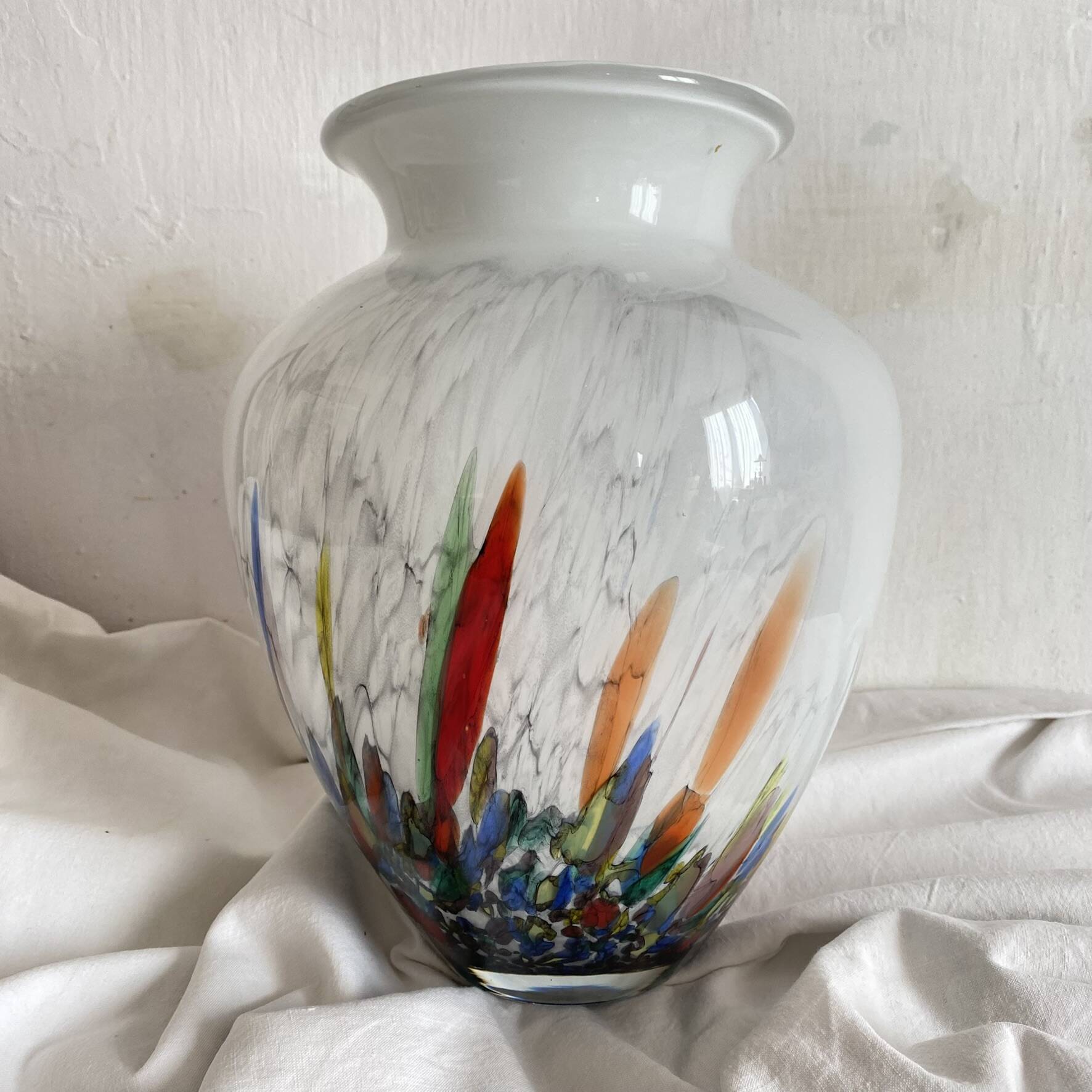 Large blown glass vase with polychrome inclusions in the Murano style.
