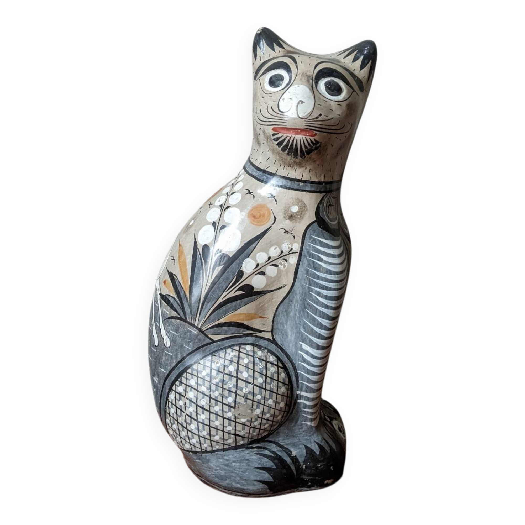 Hand-painted decorative ceramic cat from Tonala, Mexico.