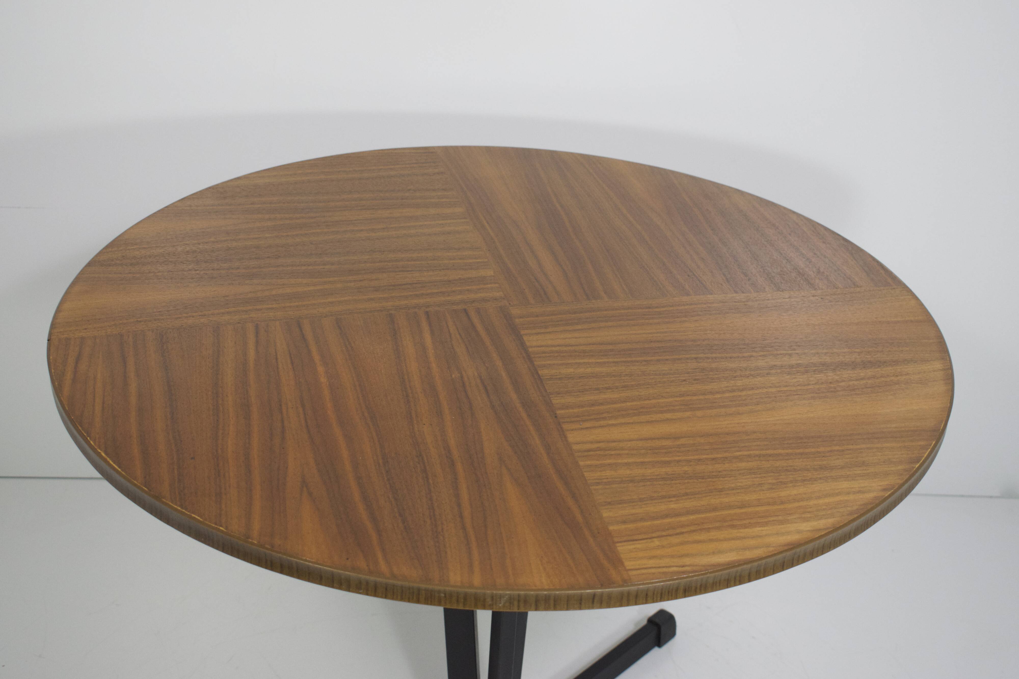 Vintage wooden round bass table black lace-up metal foot, 1960