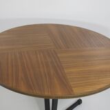 Vintage wooden round bass table black lace-up metal foot, 1960