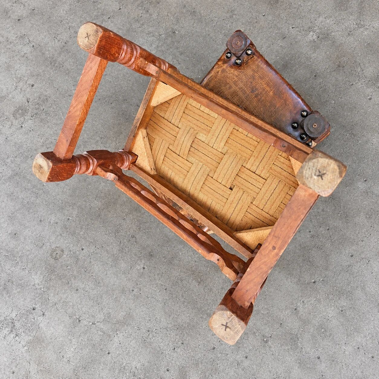 2 x Spanish footstool / wood leather / medieval-style / 1920s