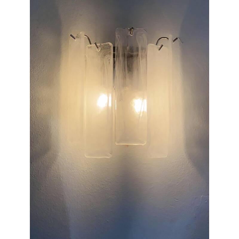 Venied-White Alabastro Strips “Listelli” Murano Glass Wall Sconce