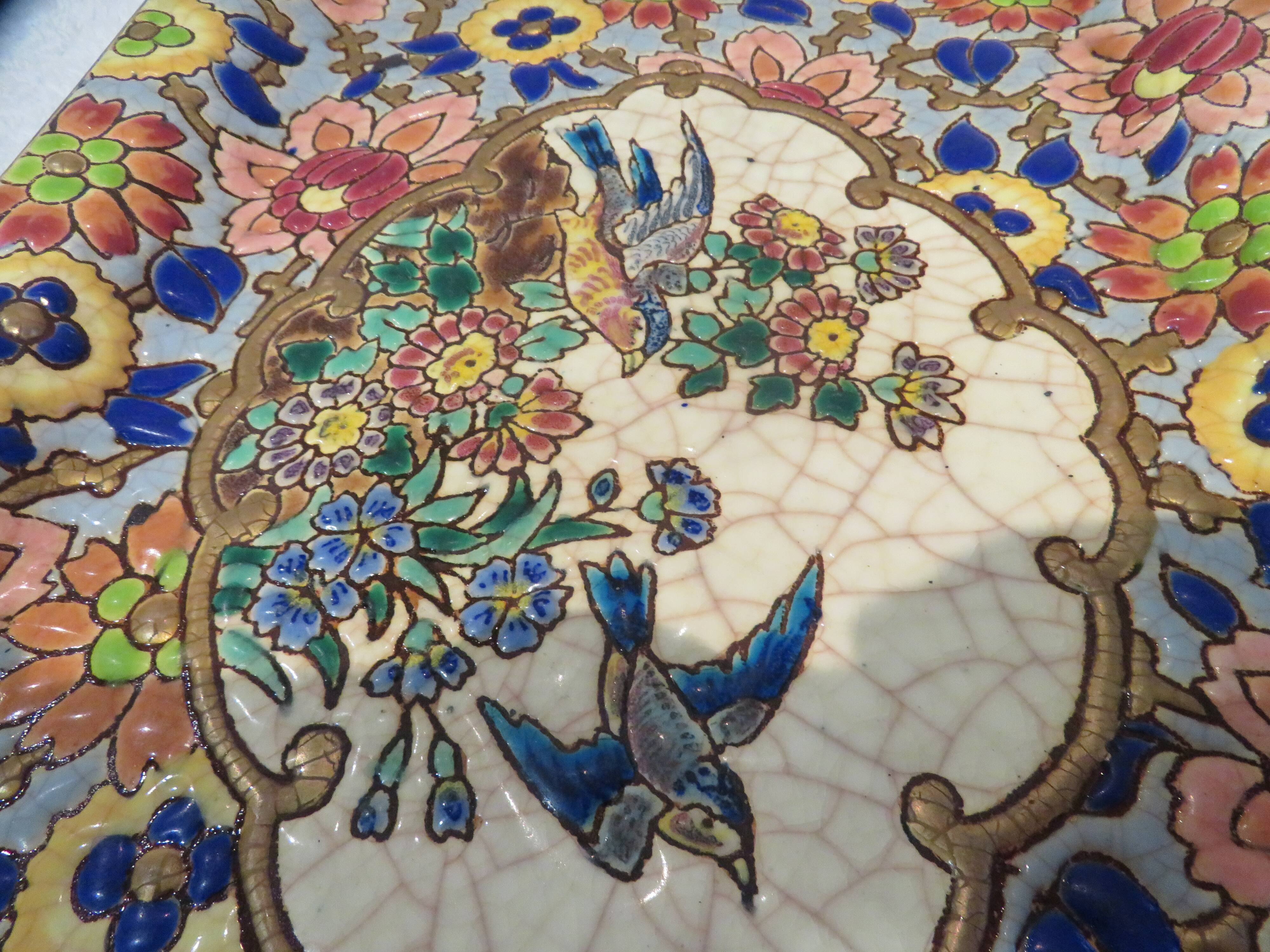 Plat à cake émaux de longwy style art deco décor oiseaux fond bleu clair