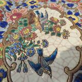 Plat à cake émaux de longwy style art deco décor oiseaux fond bleu clair